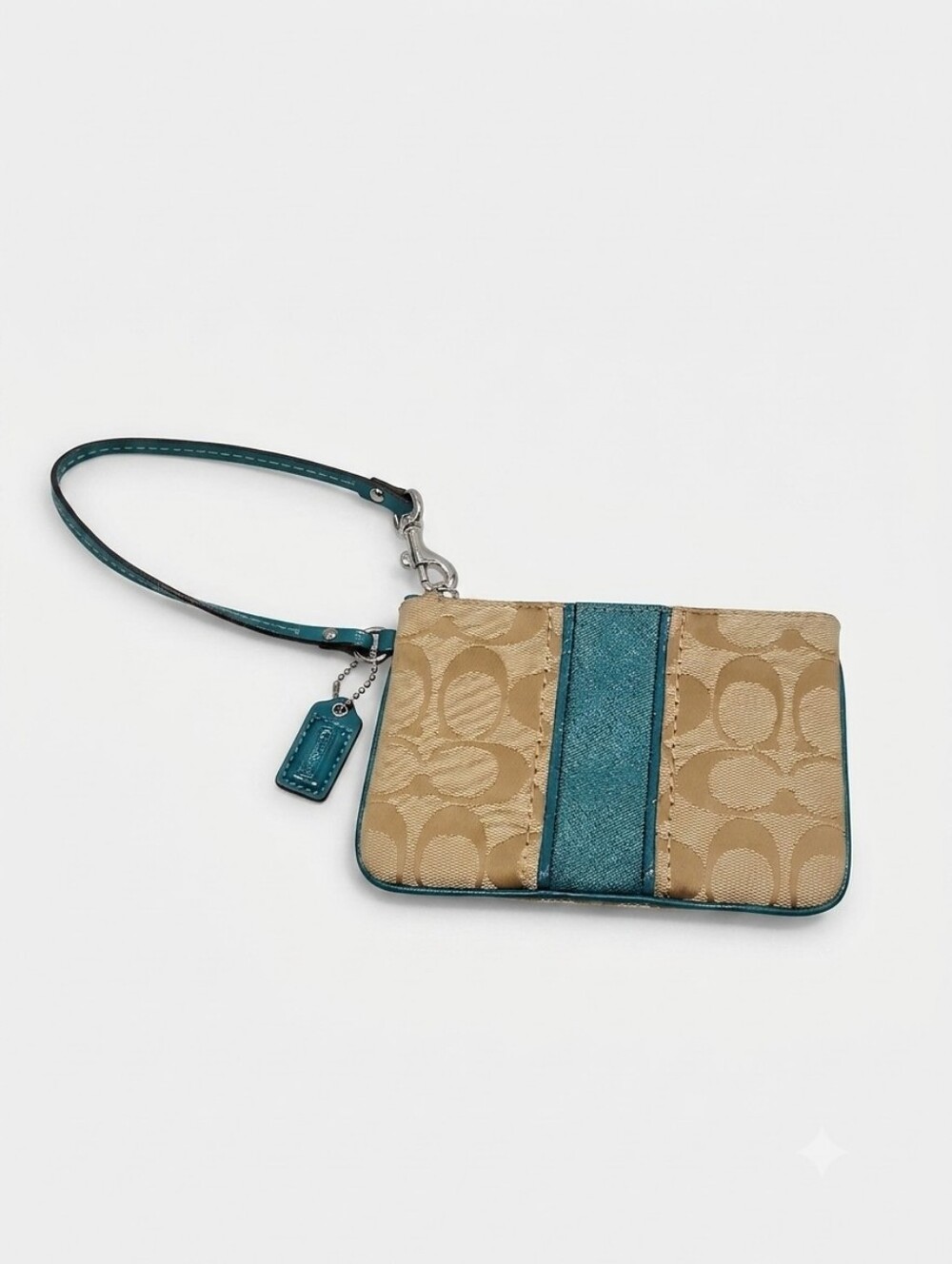 Coach Tan Signature Canvas Wristlet with Jade Green Stripe And Leather Trim